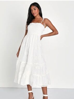 Lulus Signs of Love White Embroidered Smocked Tie-Strap Midi Dress